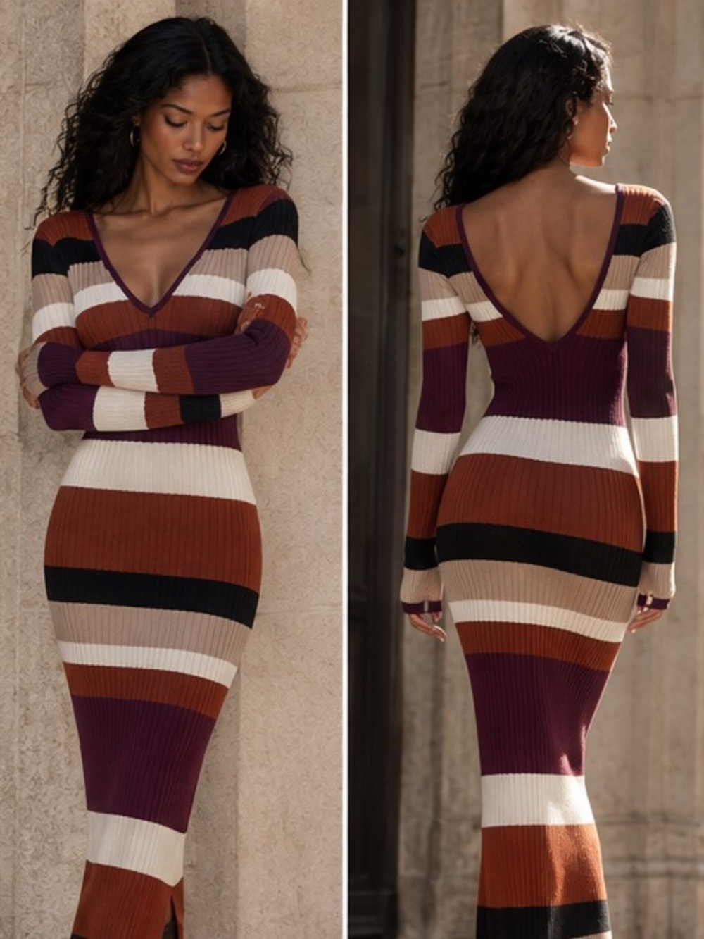 Fashion Nova NWT Striped V-Neck Maxi Dress in Plum, Rust, Cream & Black